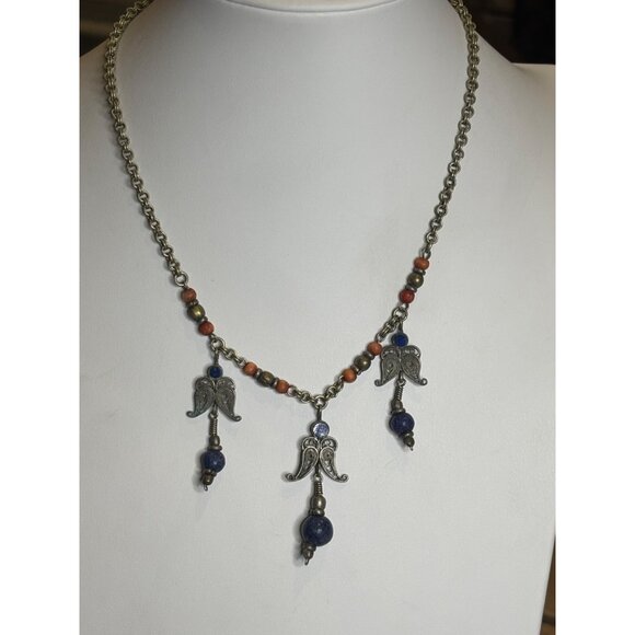 Vintage Angel Pendant Necklace With Lapis Beads & Brass Chain - Picture 13 of 16